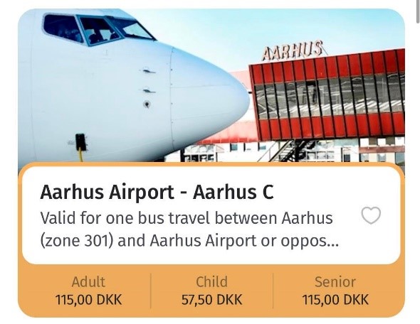 A screenshot of a ticket from Aarhus Airport to Aarhus C